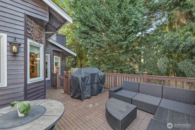 This view showcases the connection between the home’s interior and its deck space, creating an ideal transition for indoor-outdoor gatherings. Towering trees add natural privacy and shade.