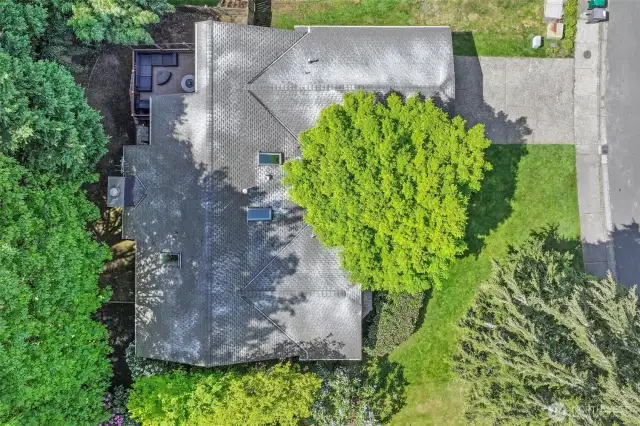 A bird’s-eye view reveals the home’s thoughtfully designed layout, including the large back deck and surrounding tree canopy. The rooflines and skylights showcase architectural interest and natural light integration.