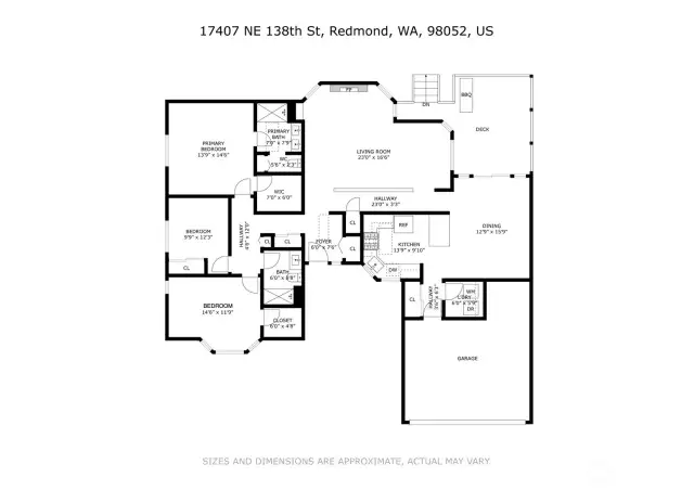 This 2D floor plan provides a complete overview of the home’s layout—including all three bedrooms, two bathrooms, open living areas, and the generous deck. A practical resource for envisioning the flow and function of daily life.