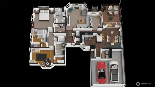 The 3D floor plan offers a dynamic view of the home’s spatial design and proportions. From the welcoming entry to the open living areas, it highlights how this residence supports comfortable, connected living.