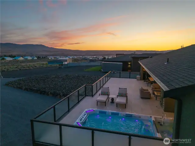 Aerial view and sunset of back patio.