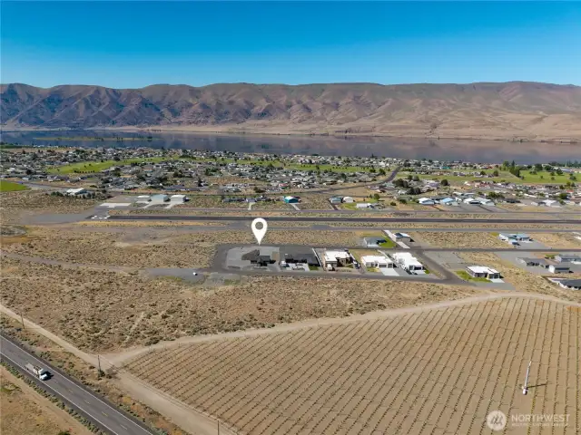 Aerial view of home facing Columbia River.