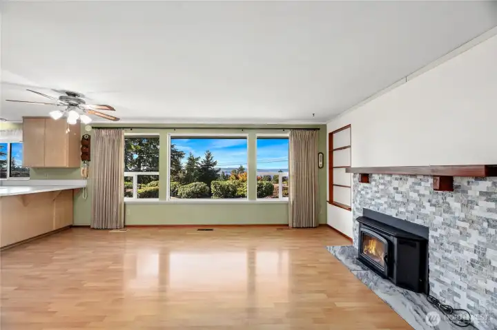 Wall of windows with views of Olympic Mountains, Maury Island and Puget Sound    UV blocking roller sun shades