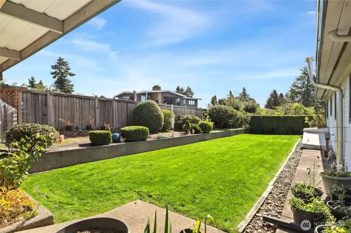 A gardeners delight with a multitude of rhodies, dahlias, and other plantings.  Retaining block walls with arborvitae or fence for privacy 3 sides.