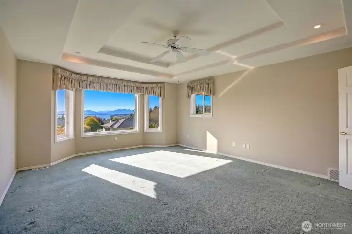 Bright and airy primary bedroom with elegant ceiling detail and scenic backdrop.