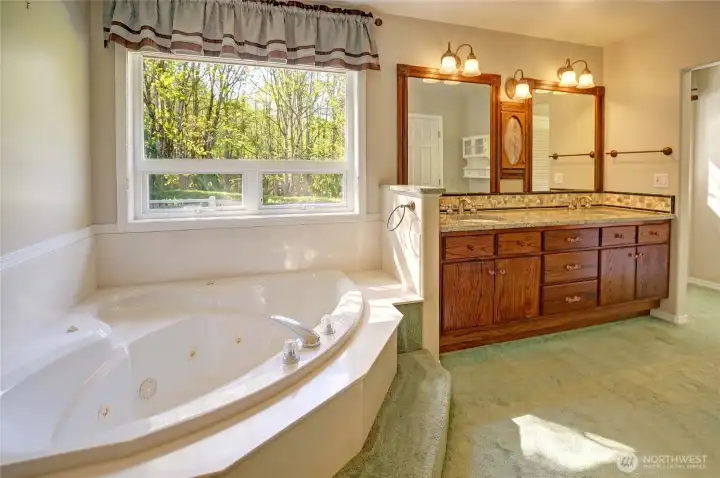Primary bath with soaking tub, dual vanity, and natural light.
