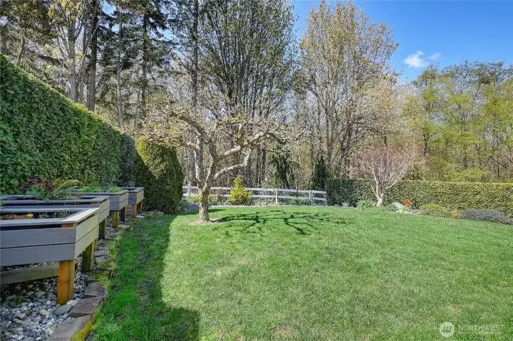 Private, park-like setting with open lawn and raised garden beds.