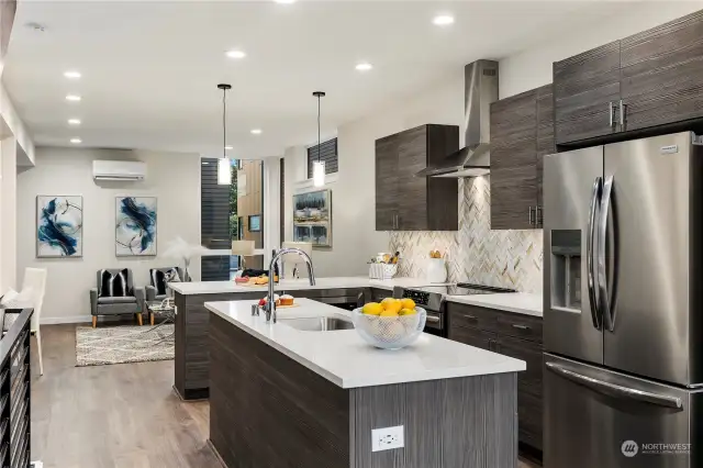 Large kitchens in both plans.  Each kitchen features BOTH an island AND peninsula + stainless appliance package + stone backsplash + quartz-topped counters + amazing storage + under cabinet lighting + separate dining spaces.