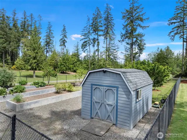Fully fenced orchard, raised beds and garden shed.