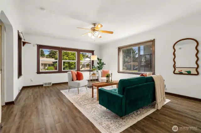 Welcome to your large living area, bright and spacious, and with those vintage details you love.