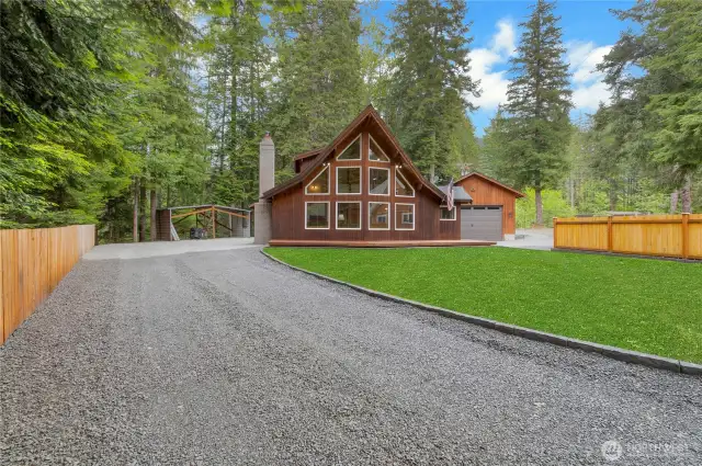 Freshly graveled driveway and parking areas.