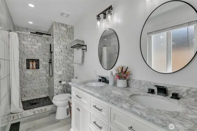 Primary bathroom with Italian marble tile