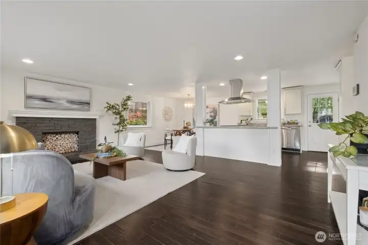 Enter to large living/dining/kitchen area.