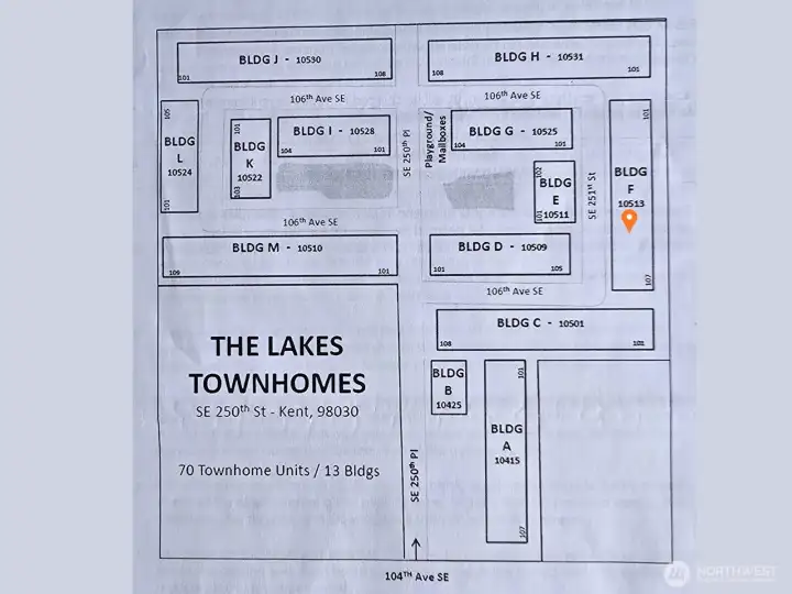 Map of the Lakes 70 unit Townhomes complex.  Unit is located in the middle of building F