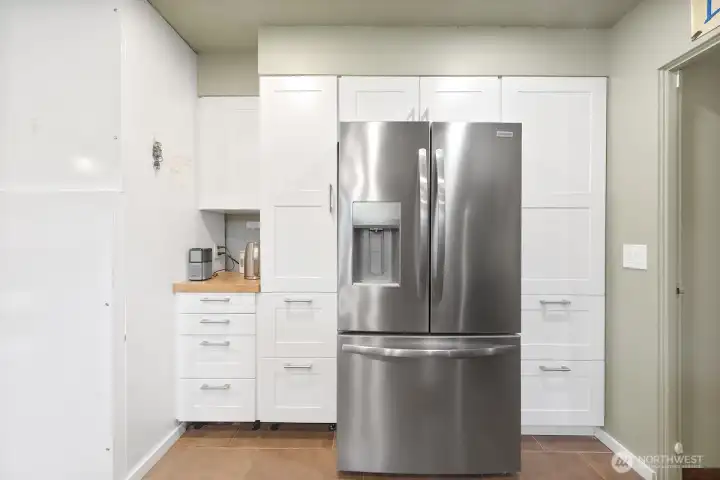 Coffee bar and oversized fridge