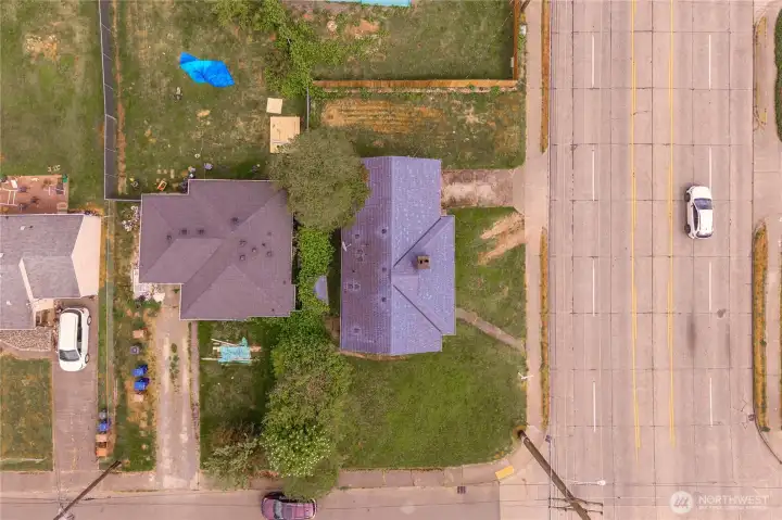 Aerial view of the home on the corner of S 19th St and Hosmer.