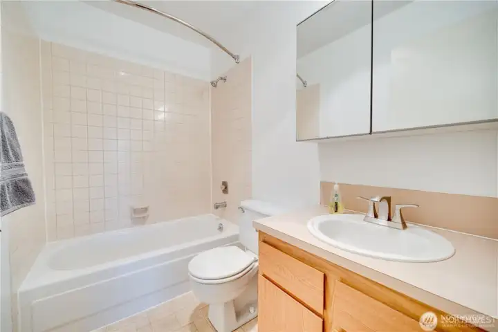 Full bathroom with tub and shower combination, spacious vanity, large mirror, and neutral finishes in a move-in ready 2-bedroom condo.