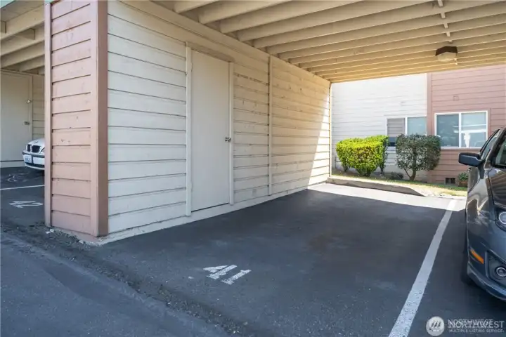 Assigned covered parking space with private storage area in a well-maintained condominium community.