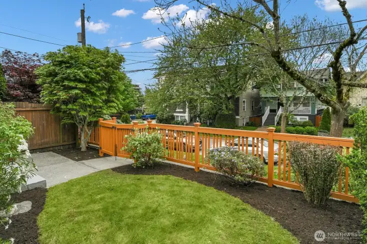 Matured landscaped front yard with variety of flowering shrubs...