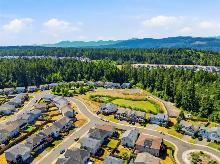 Just inside that tree line is a park with splash pad, dog park, and walking trails!