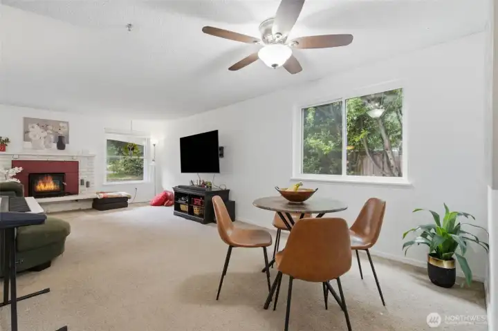 This formal dining space is attached to the open living room. And includes a ceiling fan. This formal dining space is attached to the open living room. And includes a ceiling fan.
