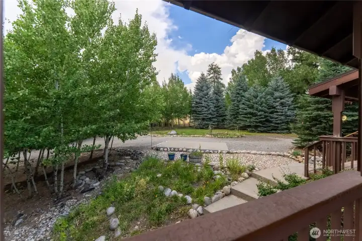 Landscaped front yard viewed from the deck. Landscaped front yard viewed from the deck.