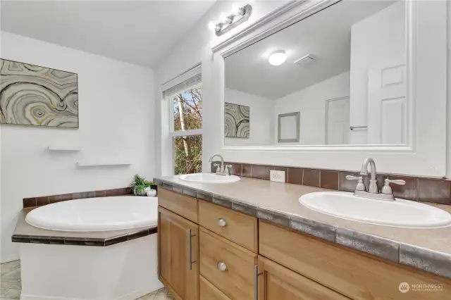 Primary Bathroom, with soaking tub and a double vanity!