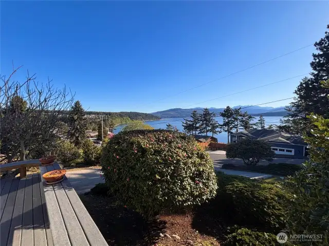View from deck of Discovery Bay and the Olympic Mountains