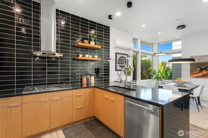 Meals can be easily served at countertop or expanded to dining area