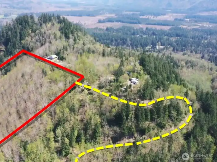 Overhead view with approximate boundaries in red and approximate location of the easement in yellow.