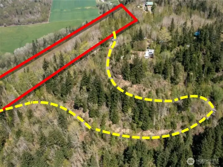 Overhead view with approximate boundaries in red and approximate location of the easement in yellow.