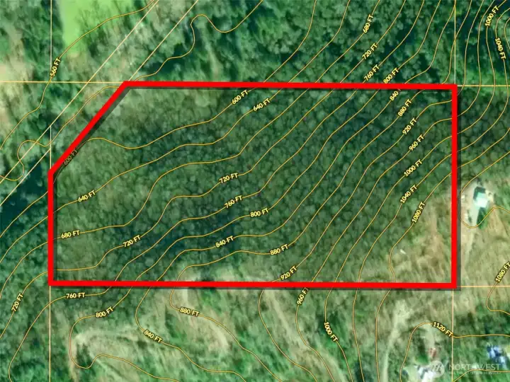 Overhead view with approximate boundaries in red and approximate topography lines.