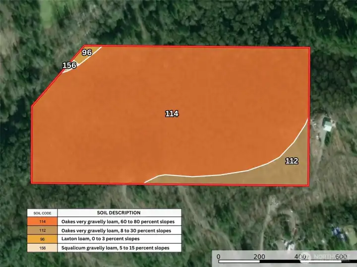 Overhead view with approximate boundaries in red and approximate topography lines and soil types per the USDA.