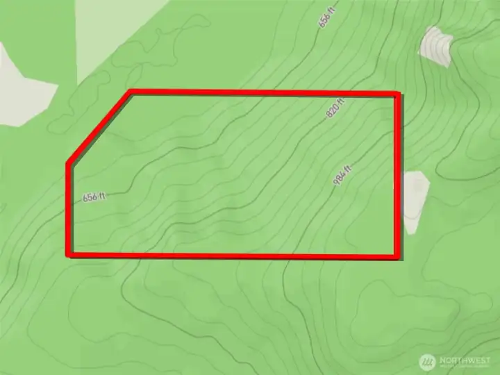 Overhead view with approximate boundaries in red and approximate topography lines.