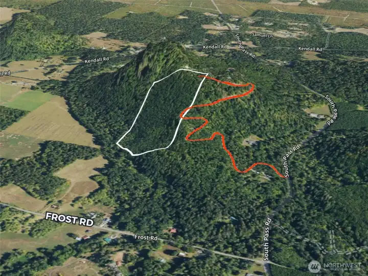 Overhead view with approximate boundaries in white and approximate easement in red.