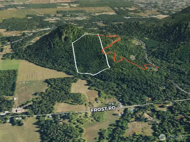 Overhead view with approximate boundaries in white and approximate easement in red.