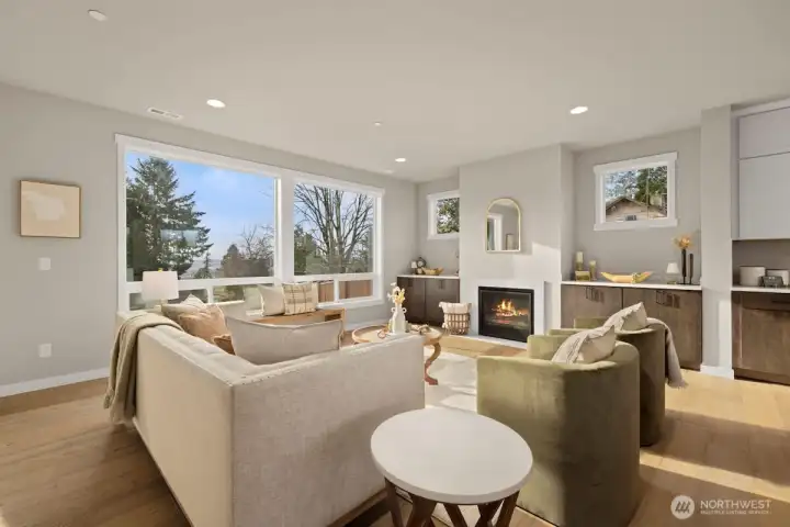 Great room on main level with cozy gas fireplace.