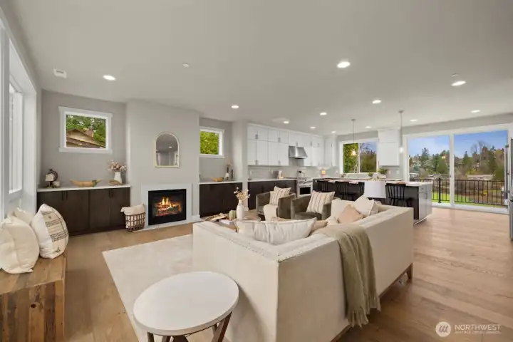 Great room on main level with cozy gas fireplace.