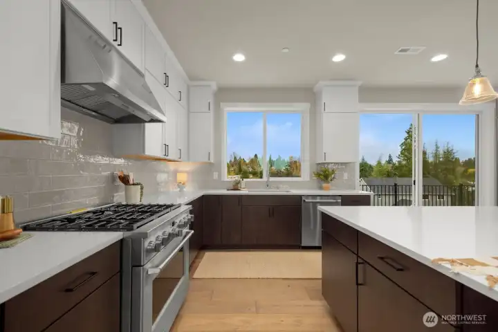 Main level gourmet kitchen with high-end appliances, quartz countertops, and ample countertop and cabinet space.