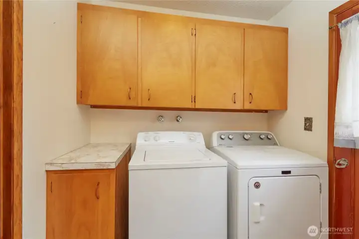 Laundry Area With Storage Cabinets and Door to Backyard to RIght