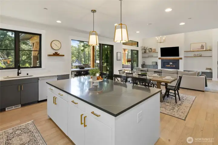 Expansive island with seating ideal for casual dining. Expansive island with seating ideal for casual dining.