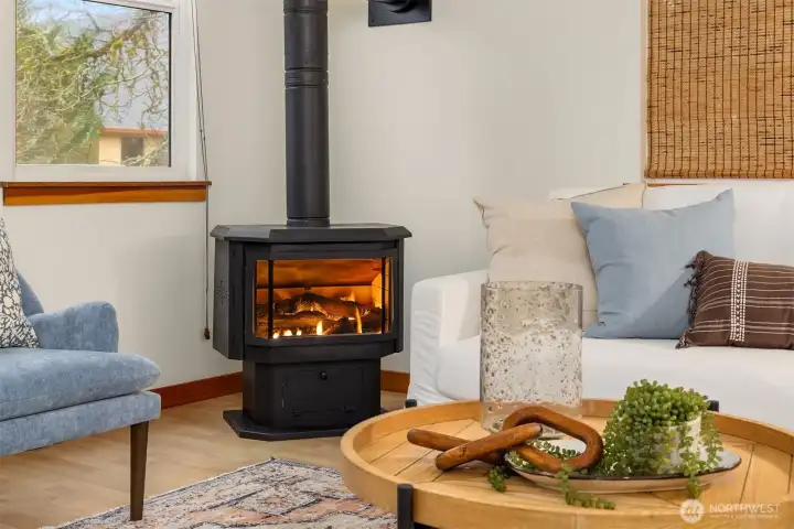 A cozy propane fireplace provides great warmth and ambiance.