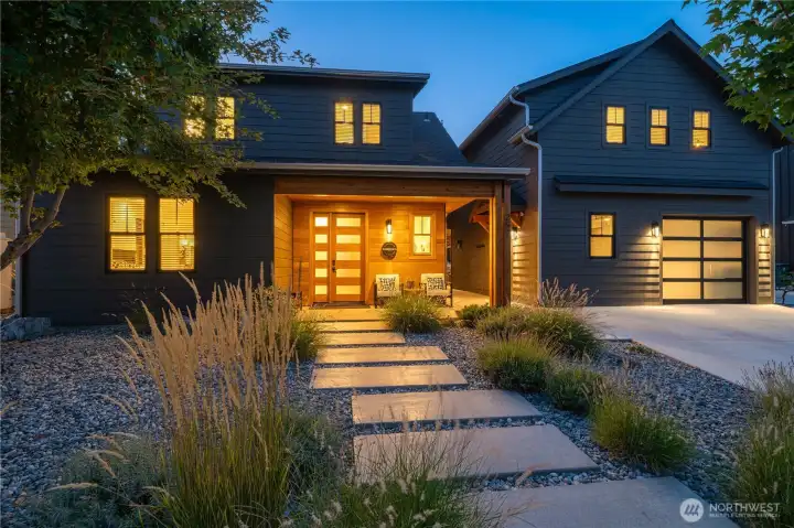 Exterior twilight view, front of home