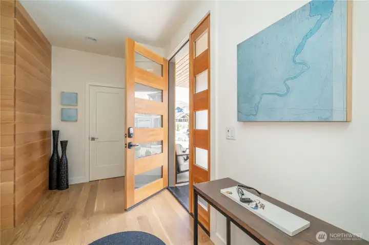 Main level ADA-friendly entryway with cedar detailing.