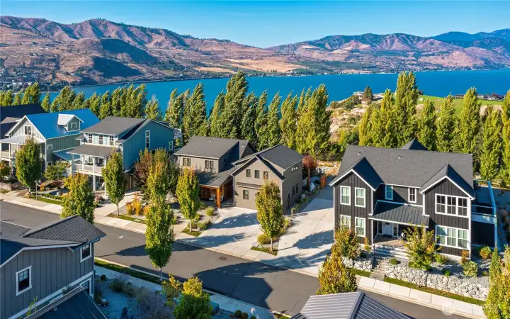 Aerial view of west-facing home with uplake views of Lake Chelan.
