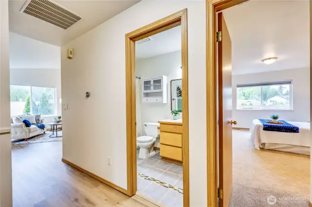 Full bath and 3 bedrooms on upper level. Primary suite has additional full bath.