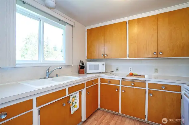 Enjoy a charming view of the well-kept backyard through the window perfectly placed above the kitchen sink.