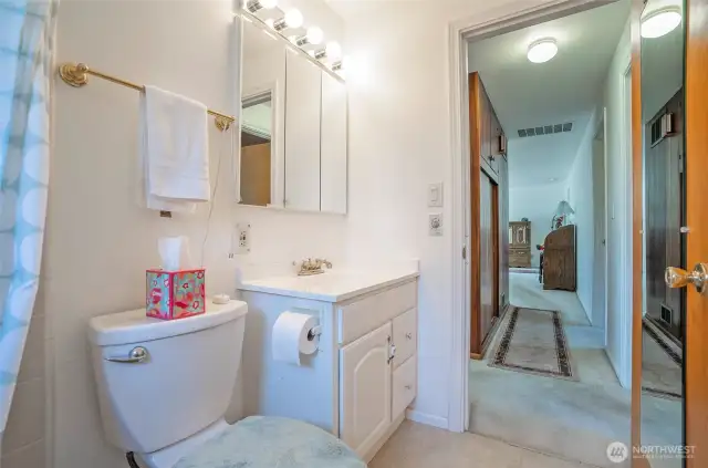 A second view of the full bathroom reveals the hallway that connects seamlessly to the living area.