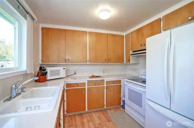 Spacious kitchen cabinets offer plenty of room for all your cooking and storage needs.