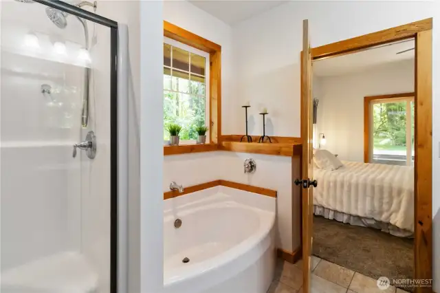 Soaker tub and double headed shower